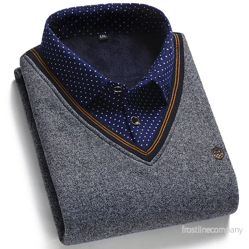 Herrtröja med Skjortkrage - Fake Two-Piece - V-ringad Stickad - 6 Färger - M-3XL - Bild 3