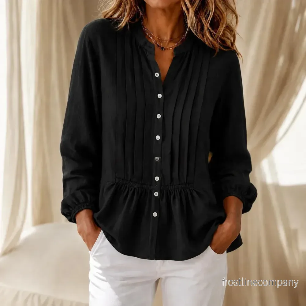 Lyxig Blus Dam Puffärm med Pli – Elegant Sommarblus med Knapp och Volang Svart Vit Rosa