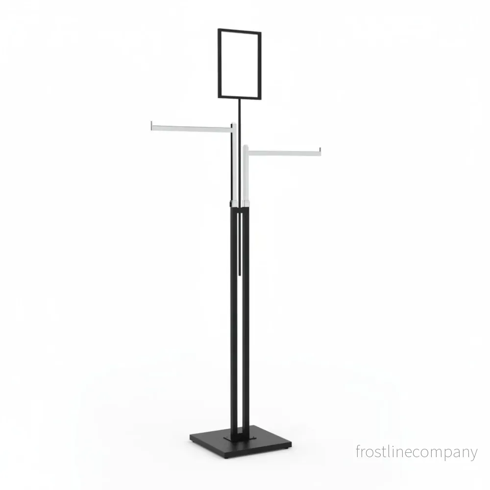 Joystativ med 2 raka armar (38 cm) i krom, höjdjusterbart, har stödfötter, svart stativ, 80 x 39 cm, H125-195 cm