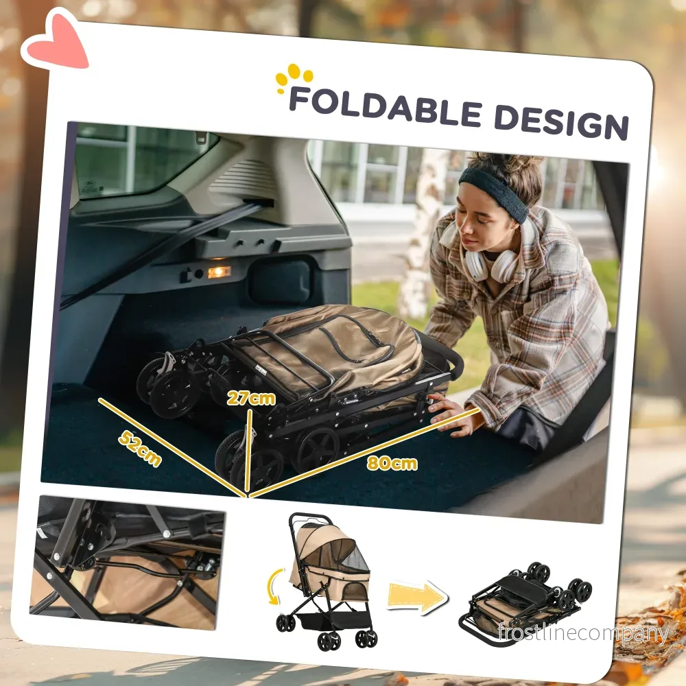 Djurvagn Hundvagn Kattvagn - Hopfällbar Pet Stroller - 4-hjul - Ljusbrun - Upp till 10kg - Bild 3