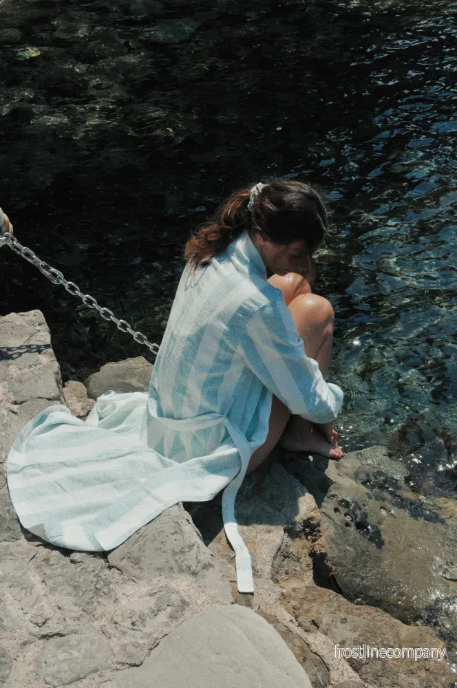Linen Bathrobe Cabana Stripe Turquoise - Bild 3