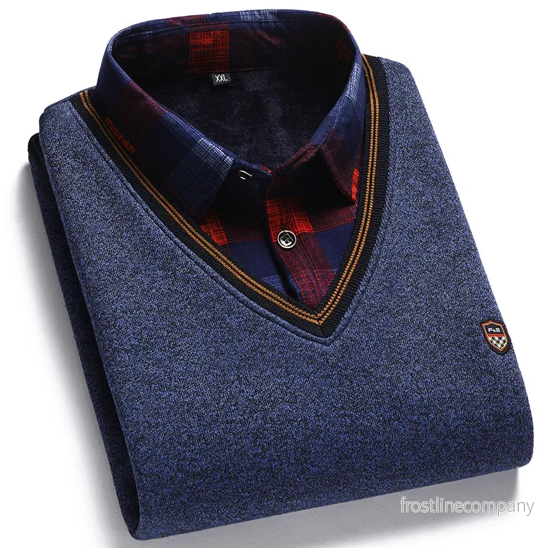 Herrtröja med Skjortkrage - Fake Two-Piece - V-ringad Stickad - 6 Färger - M-3XL - Bild 2