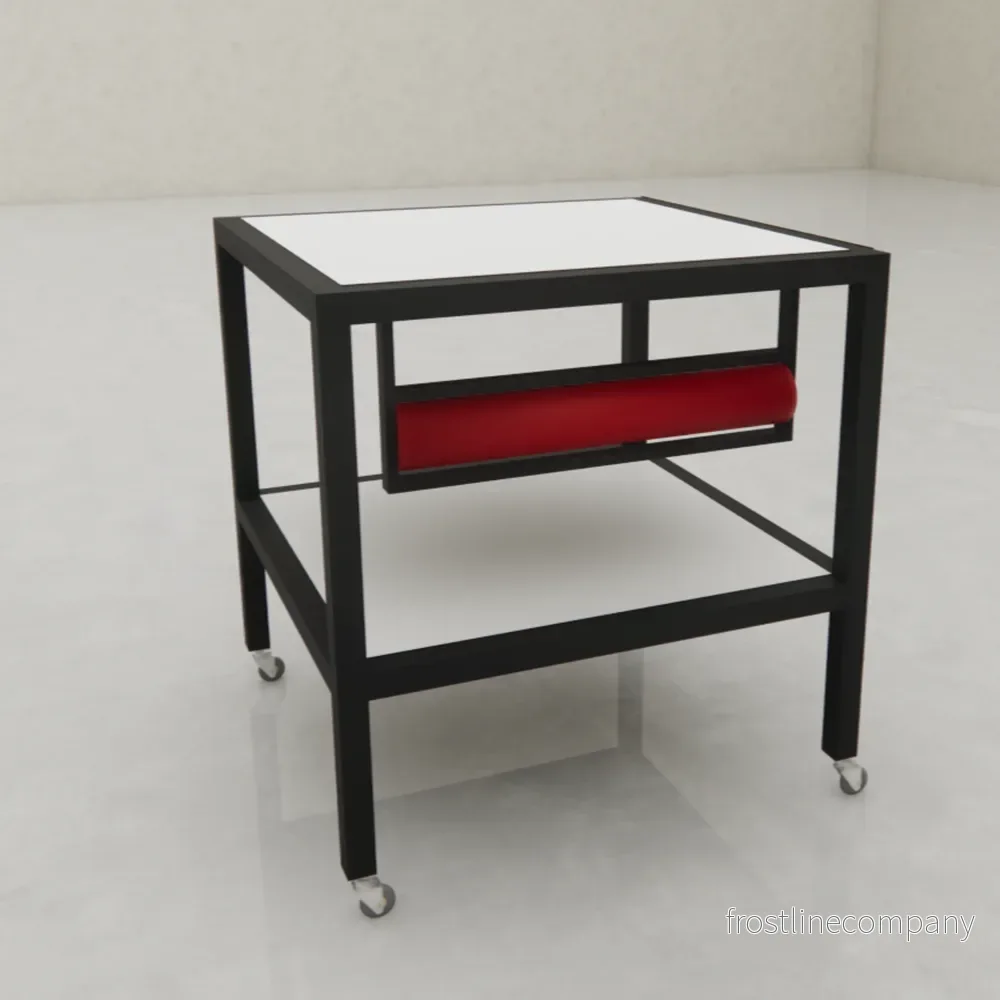 Packbord på hjul med vita bordsskivor. 80 x 80 x H80 cm. Med pappersrullehållare