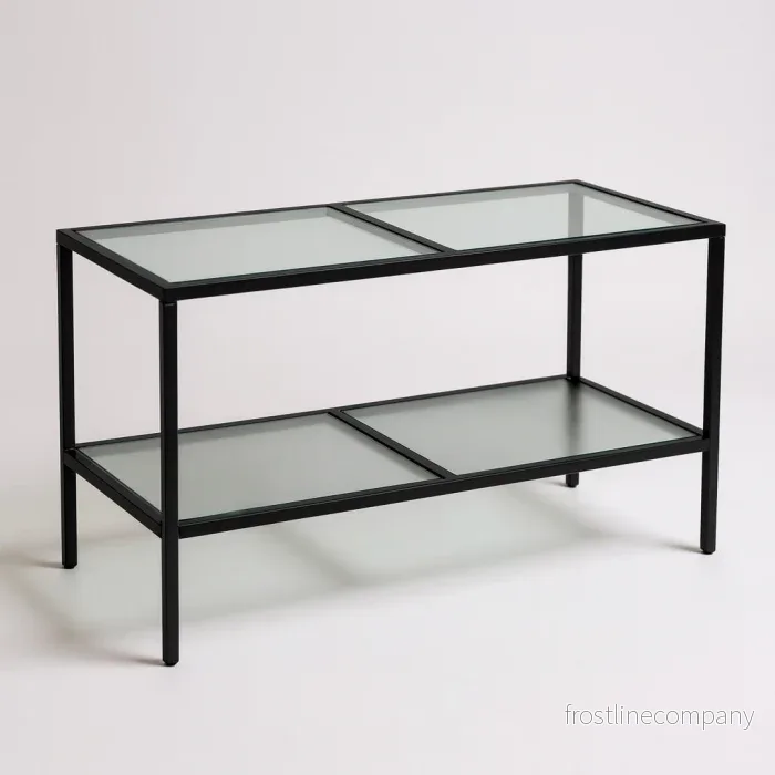 Luton, försäljningsbord med frostade glasskivor, svart ram. B160 cm Luton, försäljningsbord med frostade glasskivor, svart ram. B160 cm