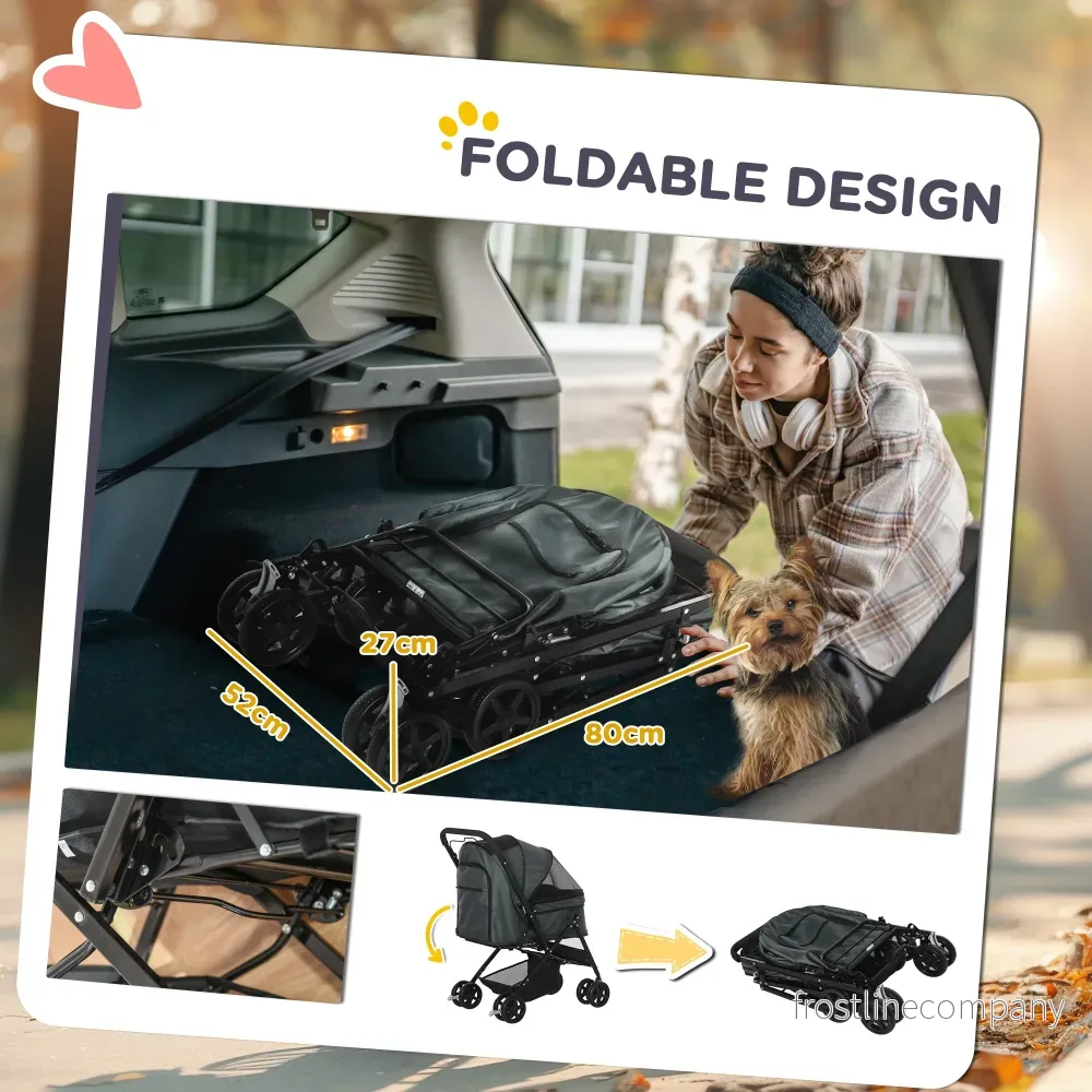 Djurvagn Hundvagn Kattvagn - Hopfällbar Pet Stroller 4-hjul - Grå - Upp till 10kg - Bild 2