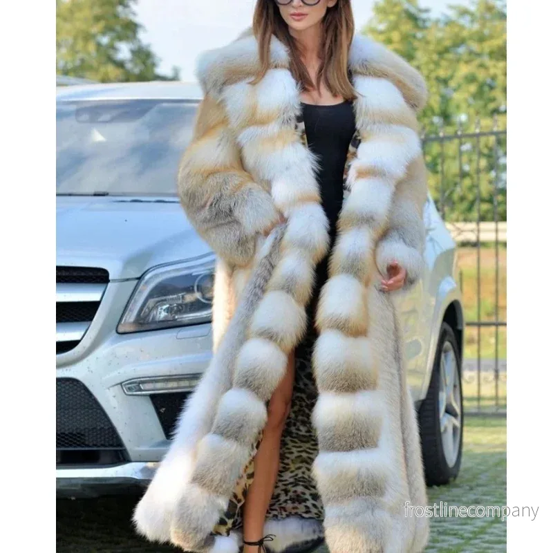 Pälsjacka Lång Fuskpäls Vit Med Luva - Maxi Coat 120cm - Bild 3