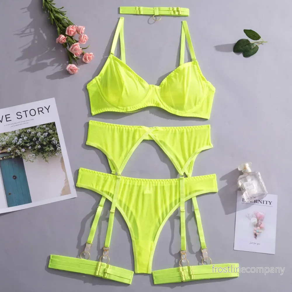 Transparent Mesh Underkläder Set - 4 Delar BH Set med Strumpebandshållare och Choker - Bild 3