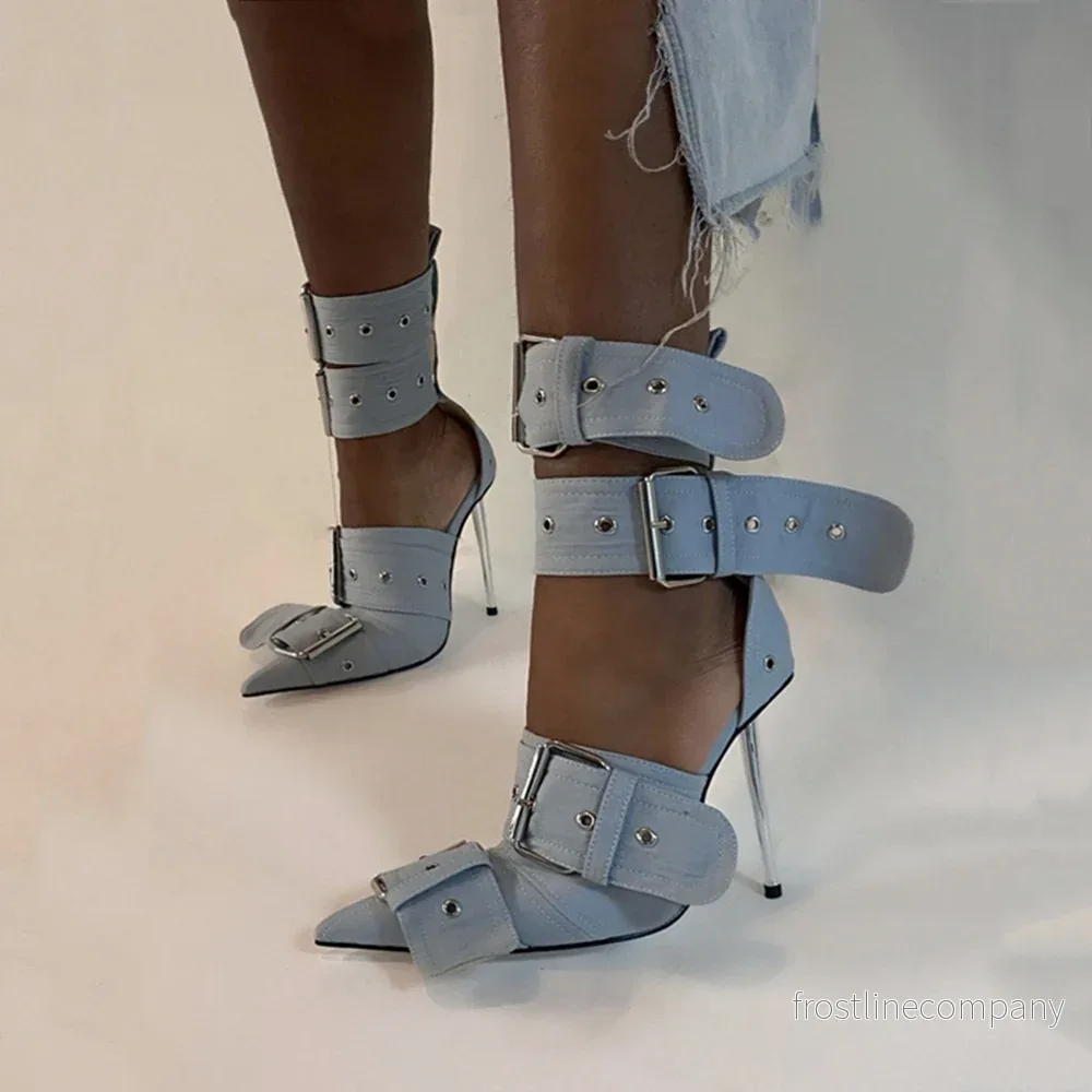 Högklackade Sandaler Dam Spetsig Tå - Buckle Ankelboots 35-43 - Bild 2