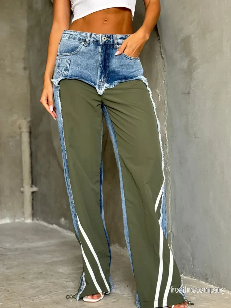 Lyxig Wide Leg Jeans Dam Low Waist - Kontrast Panel Jeans Grön Svart Vit Beige - Bild 3
