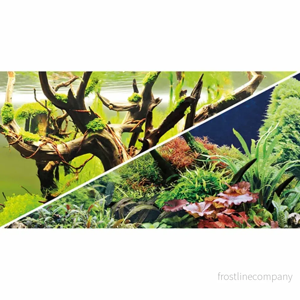 Dubbelsidig akvariebakgrund – Green Secret & Wood Island. 30cm hög, säljs som metervara