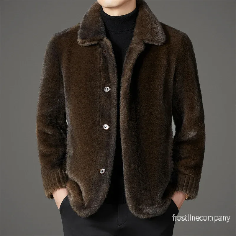 Vinterjacka Herr – Fuskpäls Mink Stil – Lapel Krage – Ullmix – Loose Fit – Varm