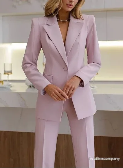 Rosa Kostym Dam - Enkelknäppt Blazer och Vida Byxor - Bild 2