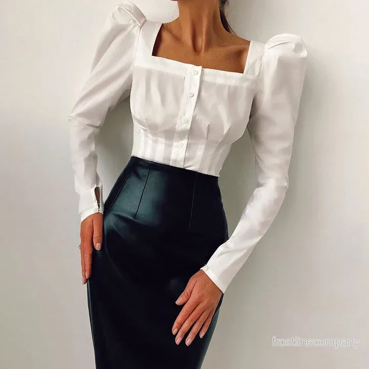 Blus Dam Square Neck med Puffärm – Vit Blus med Knappar Fram – Elegant Puffärm Blus – Vit, Svart, Blå – S till L