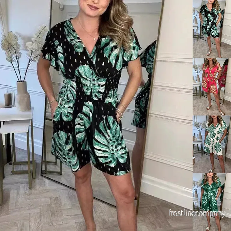 Blommig Jumpsuit Dam – Kort Sommar Jumpsuit med Bladmönster och V-ringning