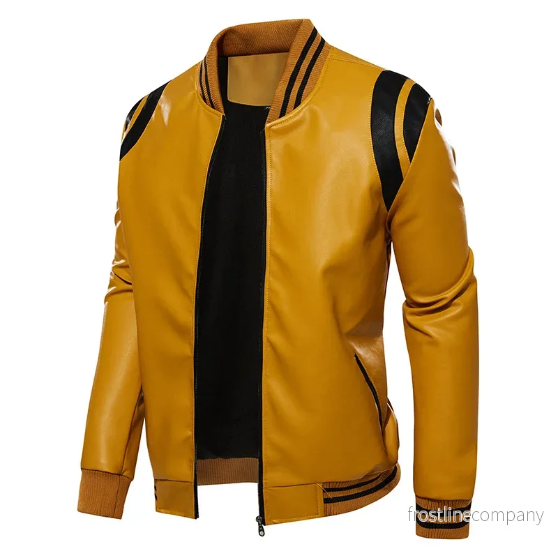 Lyxig Varsity Jacka Herr Fleecefodrad - Bomberjacka PU Läder Svart Gul Vit - Bild 3