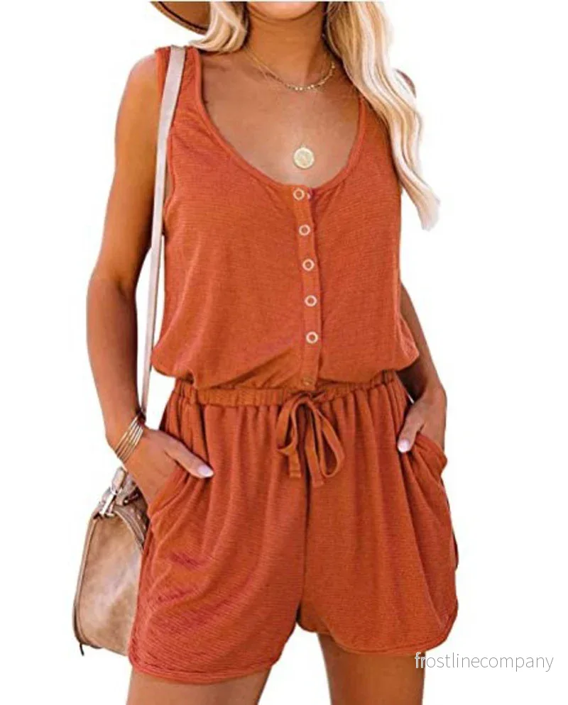 Ärmlös sommarjumpsuit för dam – Kort playsuit med knappar och midjebälte - Bild 2