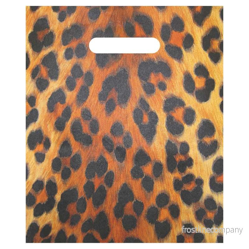 Plastpåse med leopardmönster, förpackning om 100 st., 50 micron, B 39 x D/BF 8 x H 45 cm, förstärkta handtag