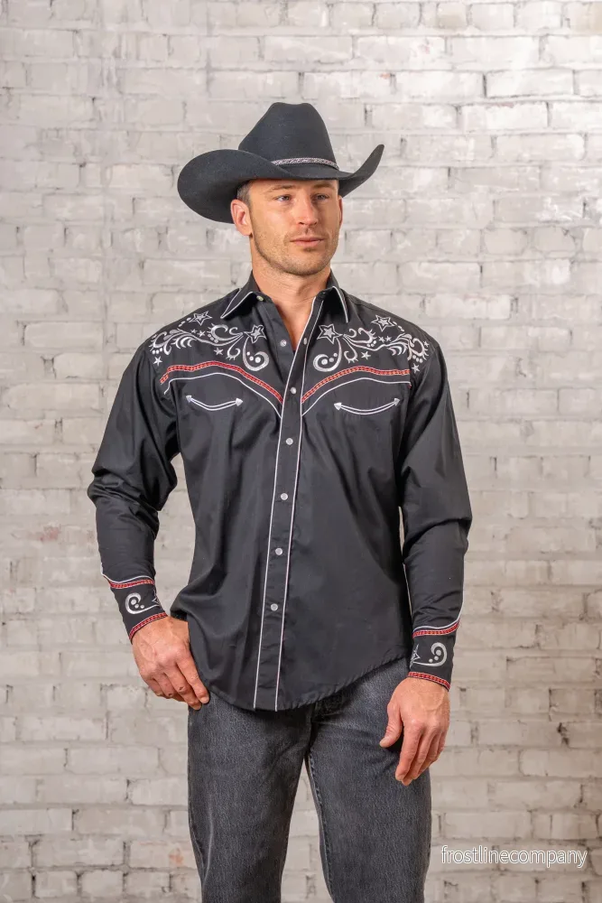 Westernskjorta Vintage Black Stars & Scrolls Embroidered Rockmount Ranch Wear