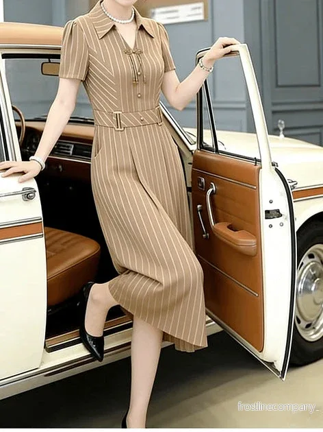 Midi Klänning Dam - Randig Skjortklänning med Bälte - Vintage Sommarklänning med Kort Ärm - Khaki - Bild 2