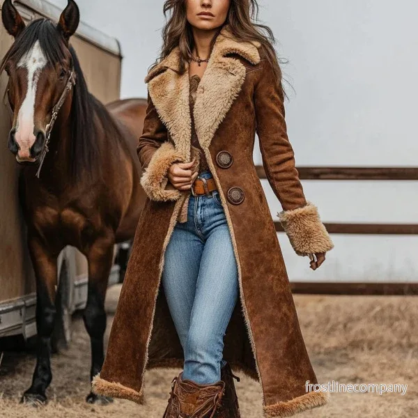 Lyxig Western Kappa Dam Lång Vintage – Varm Denim Kappa med Fuskpäls Brun Beige Lyxig Western Kappa Dam Lång Vintage – Varm Denim Kappa med Fuskpäls Brun Beige