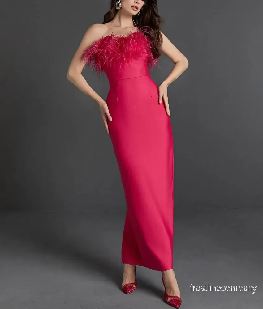 Balklänning Dam Fjäder Tube Top - Bodycon Hip Skirt Svart Vit Röd S-XL - Bild 3