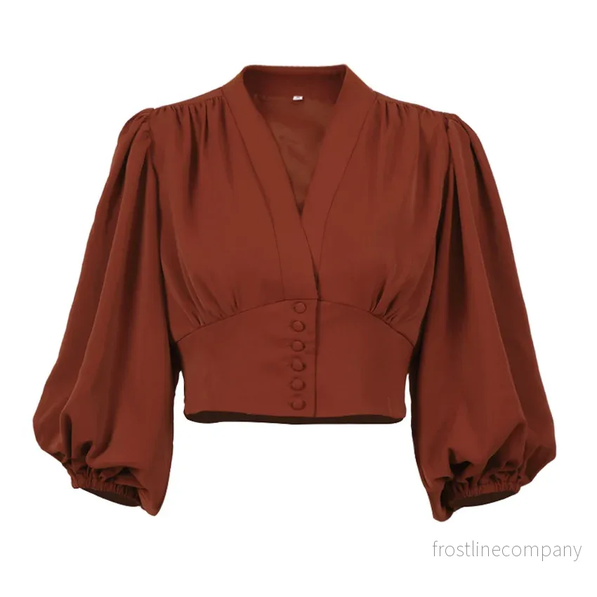 Blus Dam V-hals med Ballongärm – Elegant Lantern Sleeve Blus med Knappar – Kort Blus med Puffärm – Brun, Röd, Vit, Svart – S till L