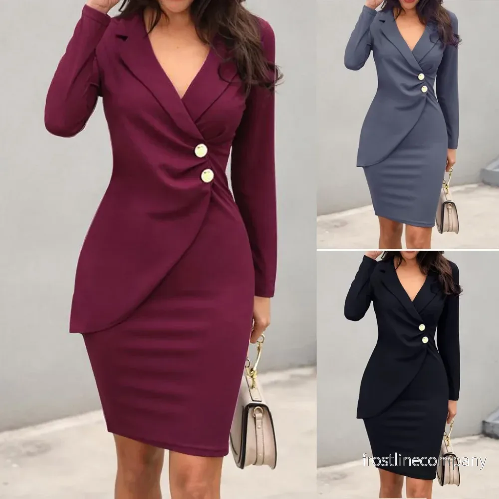 Elegant Omlottklänning / Work Dress med Kavajslag & Knappar för Dam