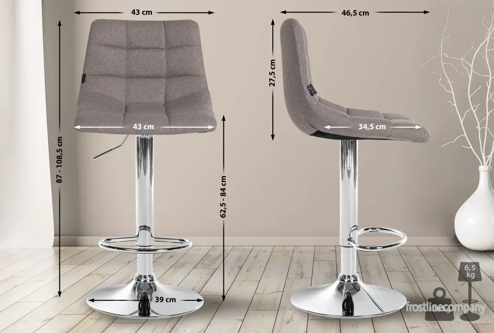 Barstol med ryggstöd Tyg Justerbar Vridbar 107 Grå - Bild 2