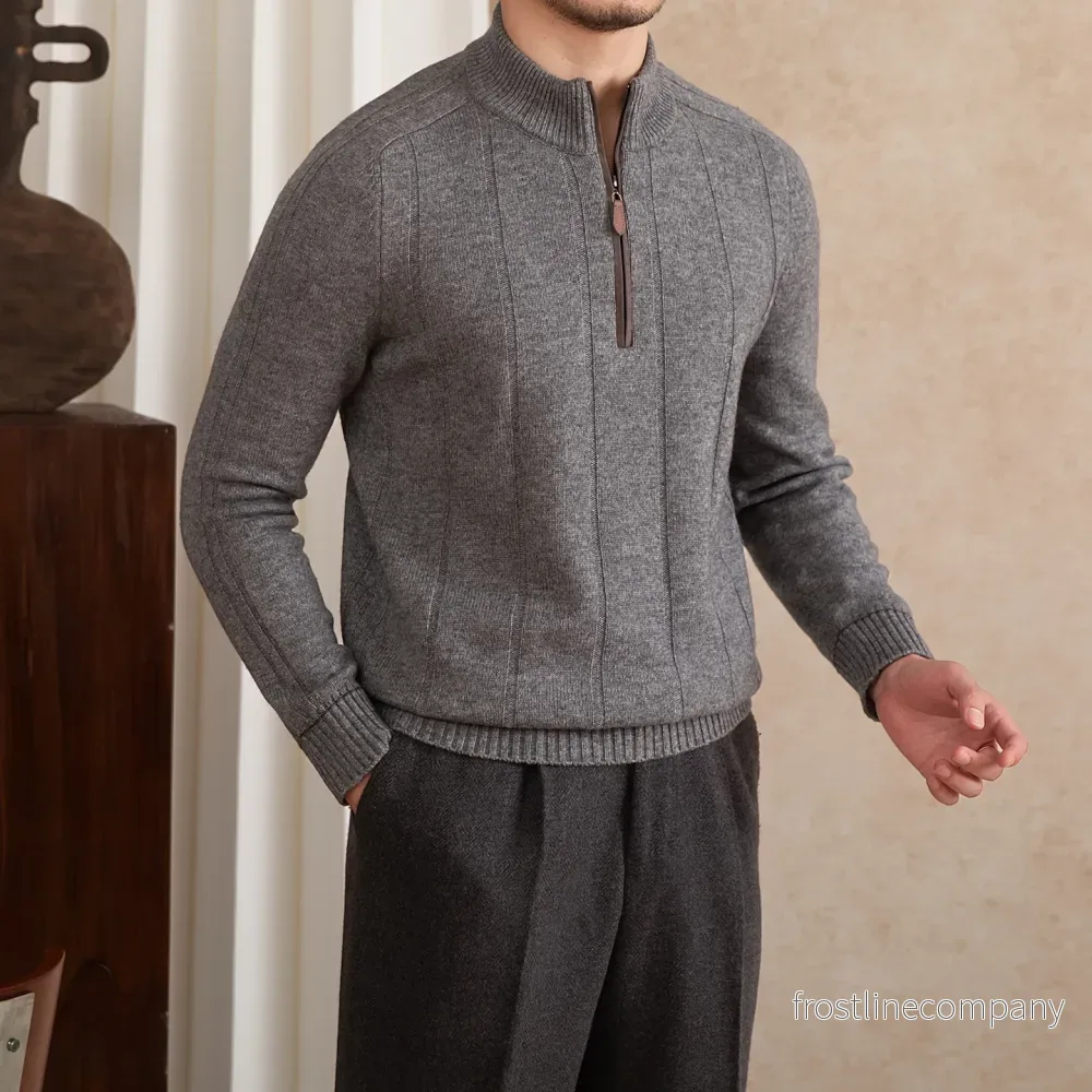 Tröja Herr Half Zip Stå-krage – Varm Ull 30% Slim Fit Retro M-3XL