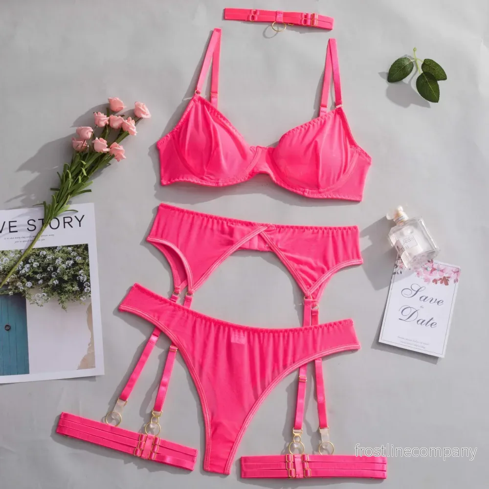 Transparent Mesh Underkläder Set - 4 Delar BH Set med Strumpebandshållare och Choker - Bild 2