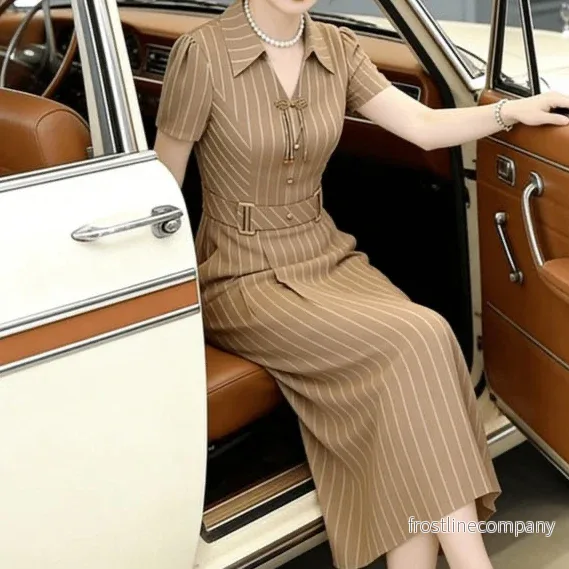 Midi Klänning Dam – Randig Skjortklänning med Bälte – Vintage Sommarklänning med Kort Ärm – Khaki